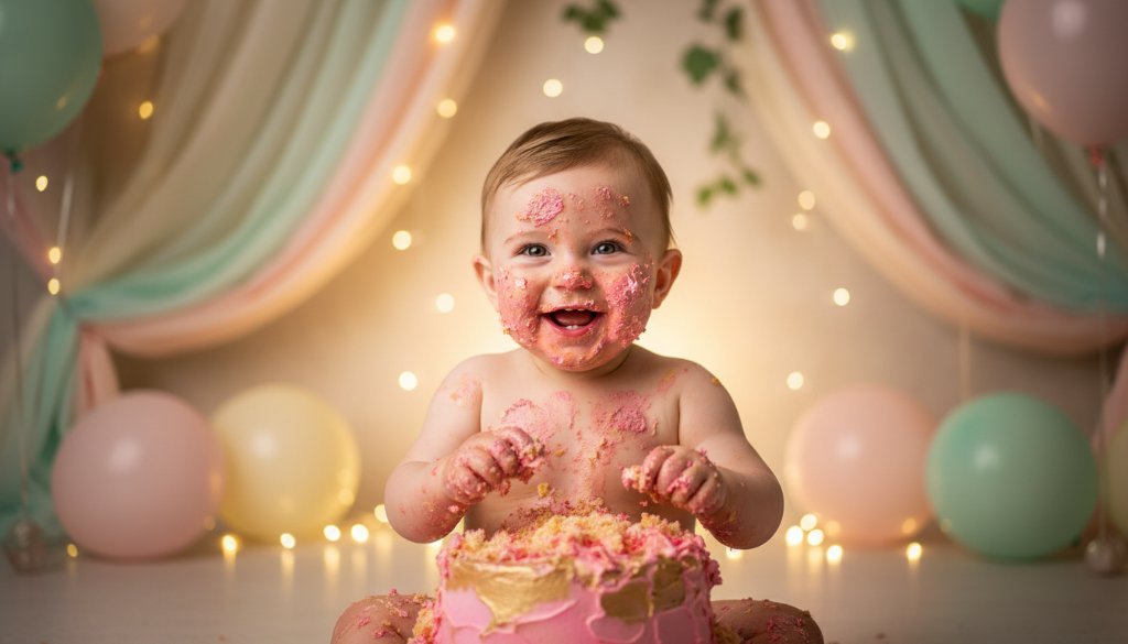 An epic moment captured in Taylors Hill first birthday cake smash photography Melbourne, showing a joyous baby covered in colourful cake, laughing amidst a beautifully decorated whimsical backdrop, with dramatic soft lighting highlighting their expression.