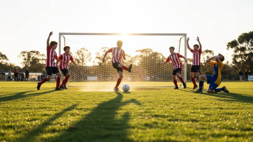 Dynamic wide-angle shot capturing a decisive goal in a local junior football match at sunset in Taylors Hill, Victoria, with jubilant young players celebrating, bathed in golden hour light, embodying Taylors Hill Local Sporting Moments Photography excellence.
