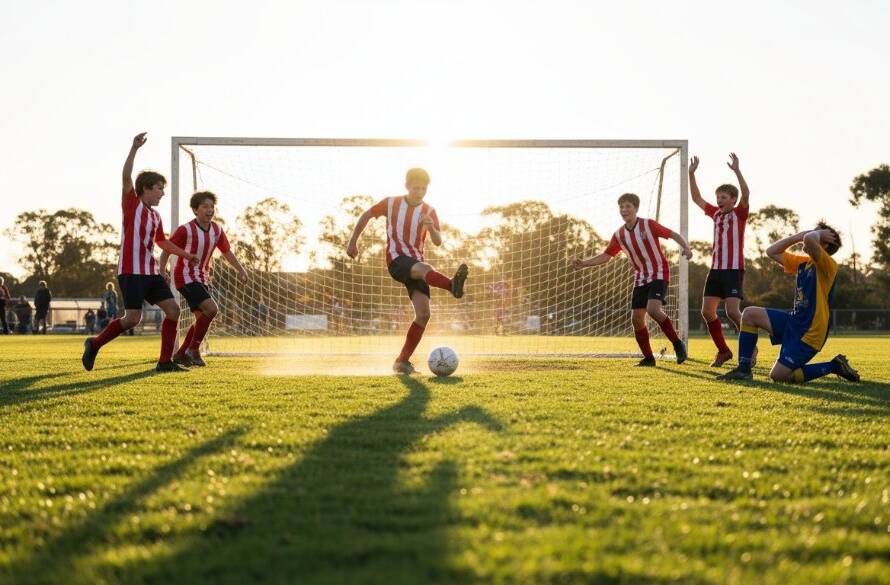 Dynamic wide-angle shot capturing a decisive goal in a local junior football match at sunset in Taylors Hill, Victoria, with jubilant young players celebrating, bathed in golden hour light, embodying Taylors Hill Local Sporting Moments Photography excellence.