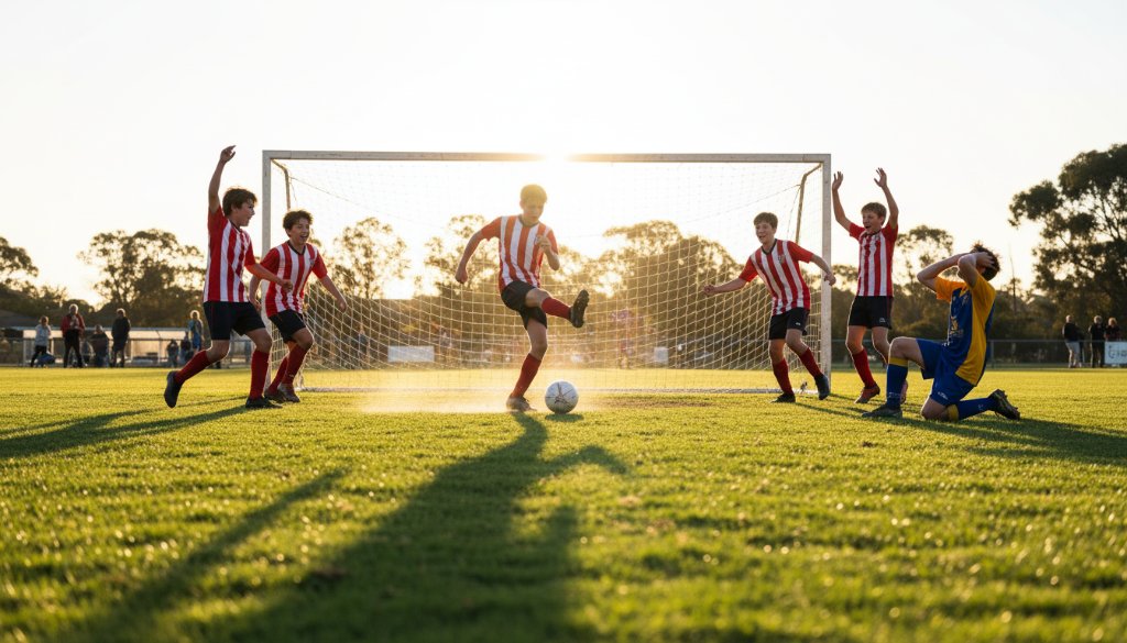 Dynamic wide-angle shot capturing a decisive goal in a local junior football match at sunset in Taylors Hill, Victoria, with jubilant young players celebrating, bathed in golden hour light, embodying Taylors Hill Local Sporting Moments Photography excellence.