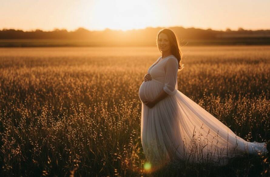An ethereal outdoor Taylors Hill maternity photoshoot capturing your glowing journey, featuring a radiant mother-to-be at sunset amidst the golden fields of Taylors Hill, Victoria, her silhouette dramatically lit, evoking a timeless and emotional epic moment.