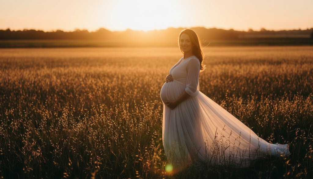 An ethereal outdoor Taylors Hill maternity photoshoot capturing your glowing journey, featuring a radiant mother-to-be at sunset amidst the golden fields of Taylors Hill, Victoria, her silhouette dramatically lit, evoking a timeless and emotional epic moment.