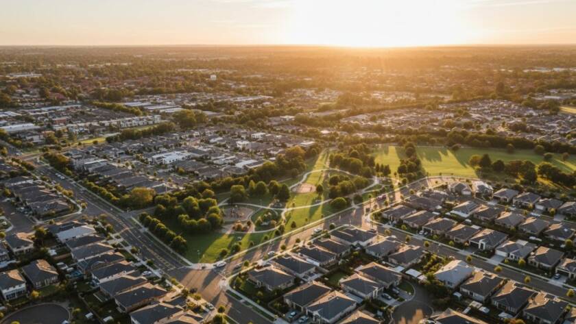 An epic drone photograph of Taylors Hill Victoria at sunset, capturing unique suburban beauty with golden light illuminating modern homes, lush parks, and winding streets, creating a breathtaking aerial vista.