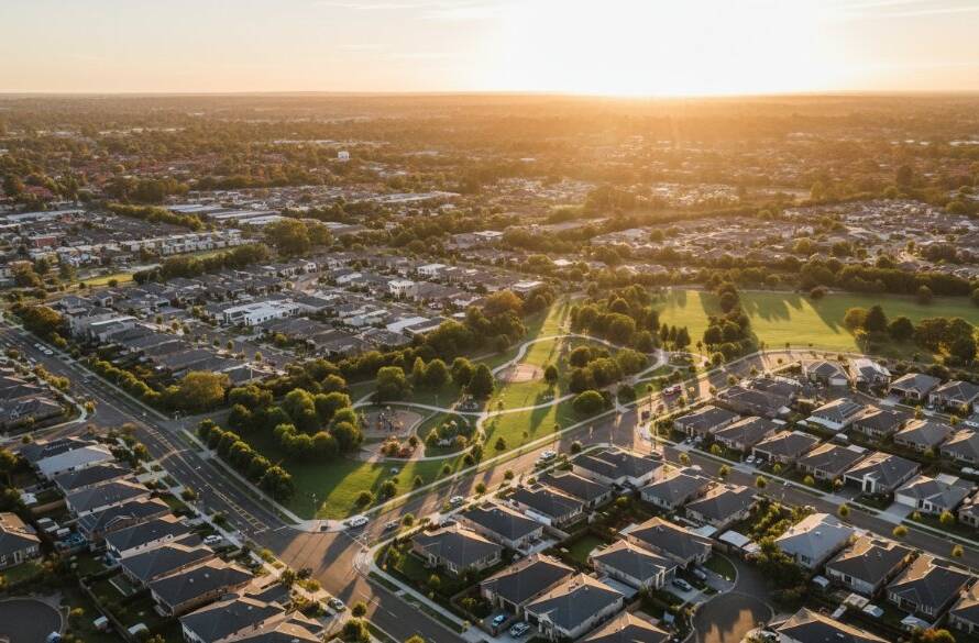 An epic drone photograph of Taylors Hill Victoria at sunset, capturing unique suburban beauty with golden light illuminating modern homes, lush parks, and winding streets, creating a breathtaking aerial vista.