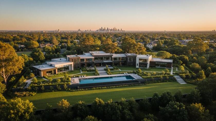 Dramatic golden hour shot of a sprawling luxury property in Templestowe, captured by professional Templestowe aerial photography for stunning property views, showcasing manicured gardens and city skyline in the distance.