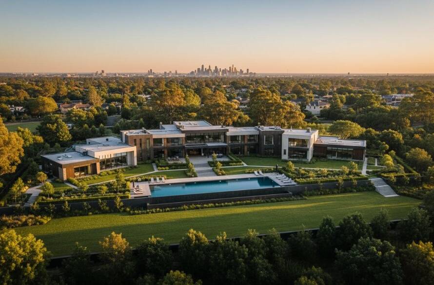 Dramatic golden hour shot of a sprawling luxury property in Templestowe, captured by professional Templestowe aerial photography for stunning property views, showcasing manicured gardens and city skyline in the distance.