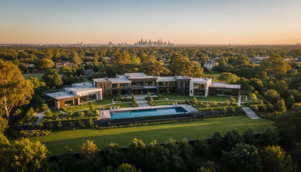 Dramatic golden hour shot of a sprawling luxury property in Templestowe, captured by professional Templestowe aerial photography for stunning property views, showcasing manicured gardens and city skyline in the distance.