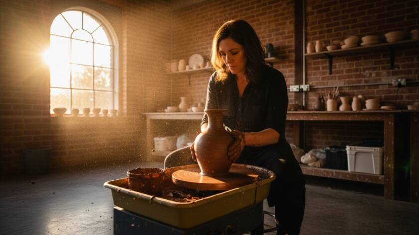 An inspiring wide-angle shot demonstrating Templestowe business storytelling through editorial photography, capturing a local artisan passionately crafting a unique piece in their sunlit Templestowe workshop, with dramatic natural light highlighting their focused expression and the intricate details of their work.