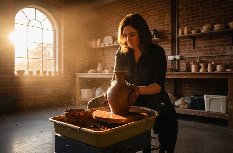An inspiring wide-angle shot demonstrating Templestowe business storytelling through editorial photography, capturing a local artisan passionately crafting a unique piece in their sunlit Templestowe workshop, with dramatic natural light highlighting their focused expression and the intricate details of their work.