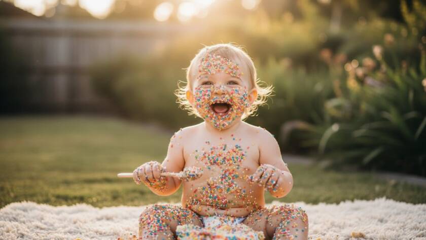A delighted toddler, covered in vibrant cake and sprinkles, laughing joyously amidst a colourful backdrop during a Templestowe cake smash photography colourful fun session, dramatic lighting highlights their pure happiness.