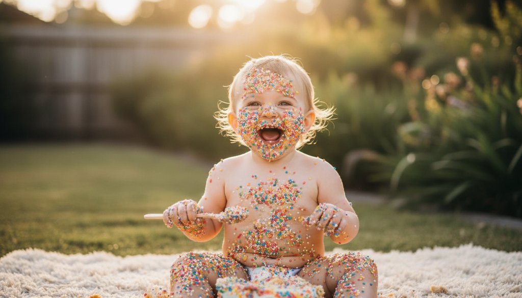 A delighted toddler, covered in vibrant cake and sprinkles, laughing joyously amidst a colourful backdrop during a Templestowe cake smash photography colourful fun session, dramatic lighting highlights their pure happiness.