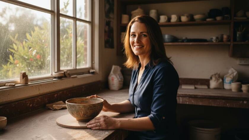 A vibrant, wide-angle shot capturing a local Templestowe business owner proudly showcasing their artisanal products on a beautifully styled counter, bathed in warm, cinematic light, reflecting the essence of Templestowe commercial photography that elevates local brands.