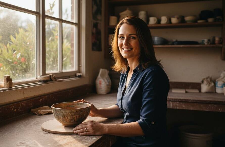A vibrant, wide-angle shot capturing a local Templestowe business owner proudly showcasing their artisanal products on a beautifully styled counter, bathed in warm, cinematic light, reflecting the essence of Templestowe commercial photography that elevates local brands.