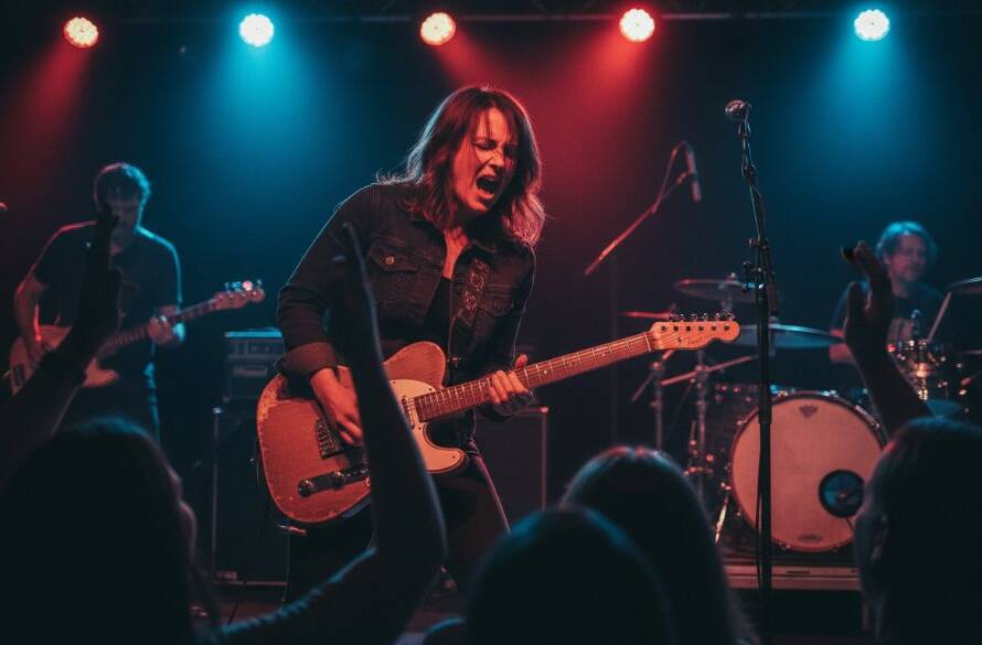 A dramatic wide-angle shot of a lead guitarist mid-solo on stage, bathed in vibrant red and blue stage lights, with the passionate Templestowe crowd silhouetted in the foreground, capturing live music energy in an epic moment.