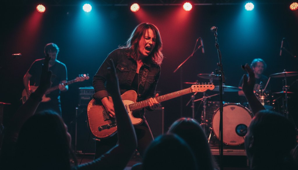 A dramatic wide-angle shot of a lead guitarist mid-solo on stage, bathed in vibrant red and blue stage lights, with the passionate Templestowe crowd silhouetted in the foreground, capturing live music energy in an epic moment.