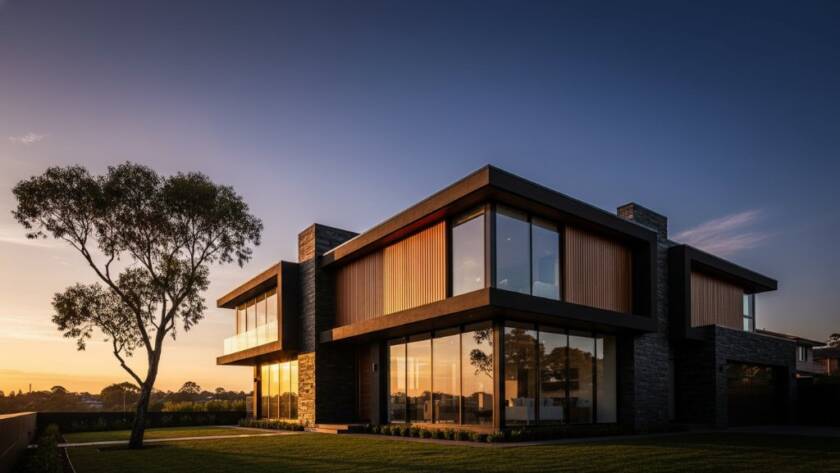 An epic, professional photograph showcasing Templestowe contemporary building photography, featuring a striking modern residential facade at sunset with dramatic shadows and golden hour glow, highlighting intricate architectural details.