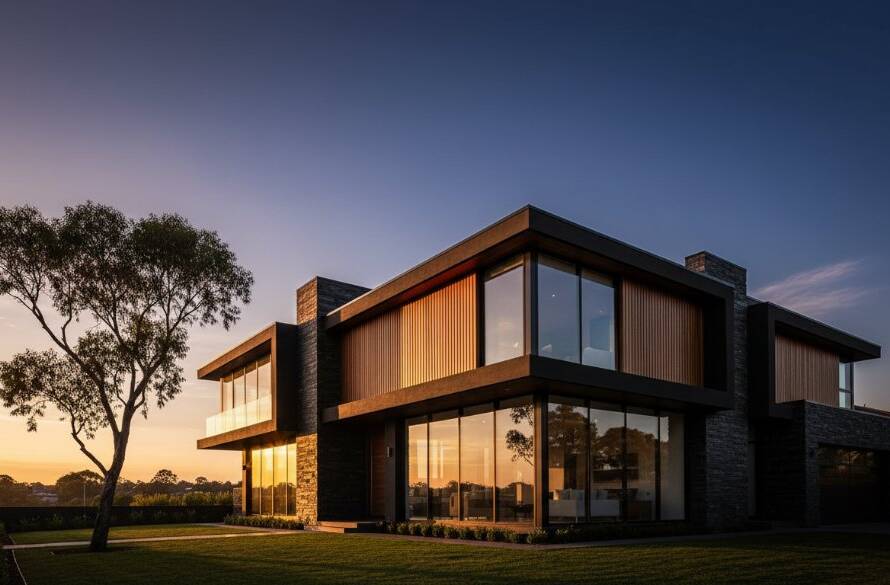 An epic, professional photograph showcasing Templestowe contemporary building photography, featuring a striking modern residential facade at sunset with dramatic shadows and golden hour glow, highlighting intricate architectural details.