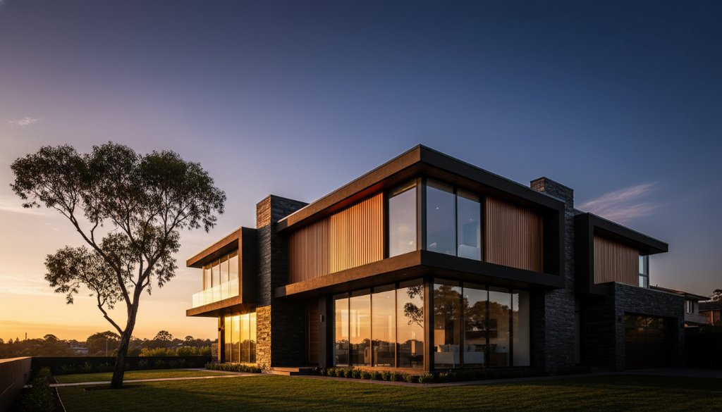 An epic, professional photograph showcasing Templestowe contemporary building photography, featuring a striking modern residential facade at sunset with dramatic shadows and golden hour glow, highlighting intricate architectural details.