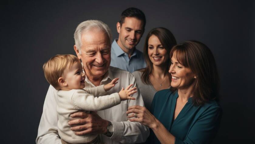 Dramatic, emotive portrait of a multi-generational family, captured during a Templestowe custom studio photography portraits experience session, showcasing their genuine connection with elegant Rembrandt lighting against a dark backdrop.