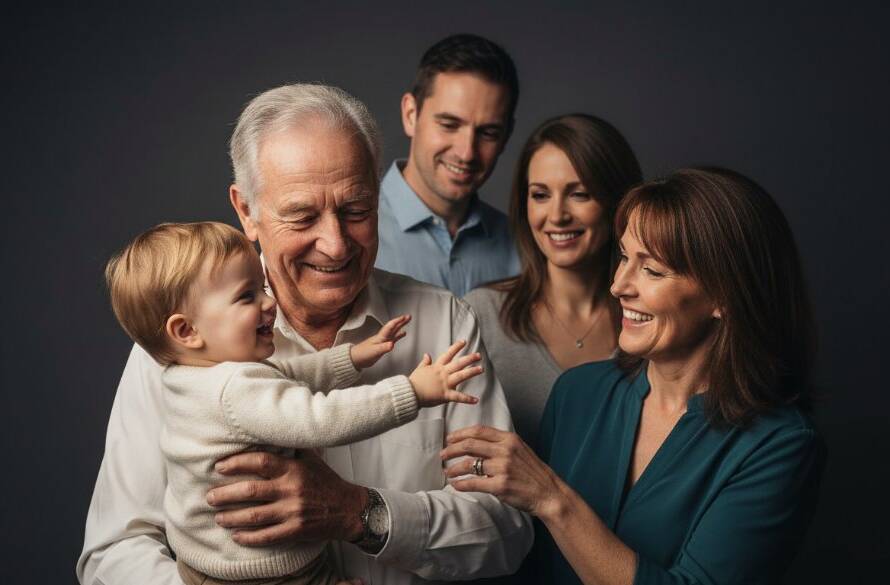 Dramatic, emotive portrait of a multi-generational family, captured during a Templestowe custom studio photography portraits experience session, showcasing their genuine connection with elegant Rembrandt lighting against a dark backdrop.