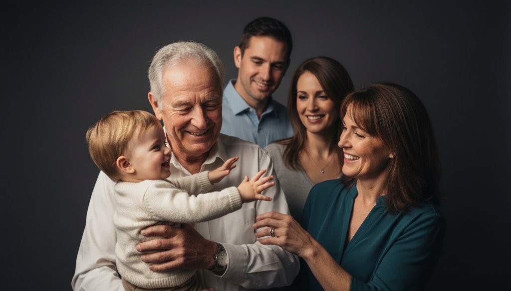 Dramatic, emotive portrait of a multi-generational family, captured during a Templestowe custom studio photography portraits experience session, showcasing their genuine connection with elegant Rembrandt lighting against a dark backdrop.