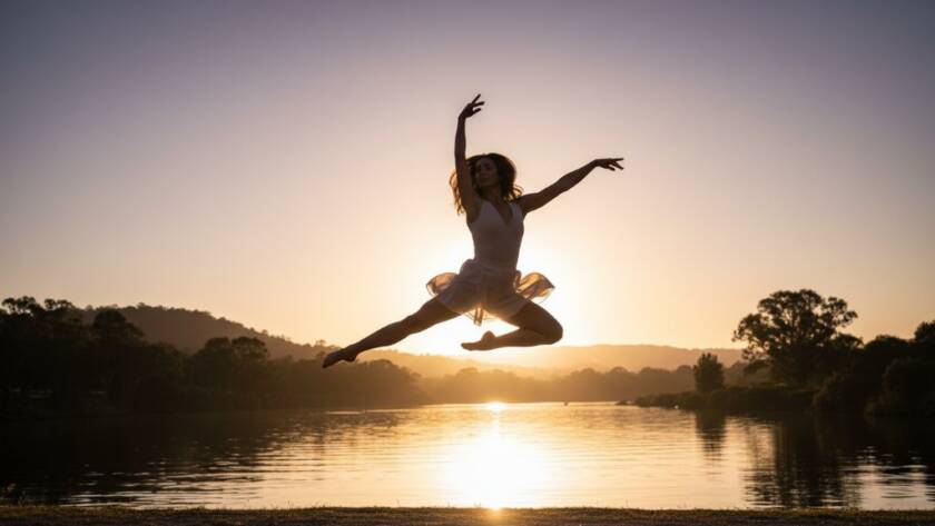 A professional photograph of a female dancer mid-leap, silhouetted against a dramatic sunset over the Yarra River in Templestowe, showcasing dynamic motion and power for Templestowe dance photography dramatic artistic portraits.
