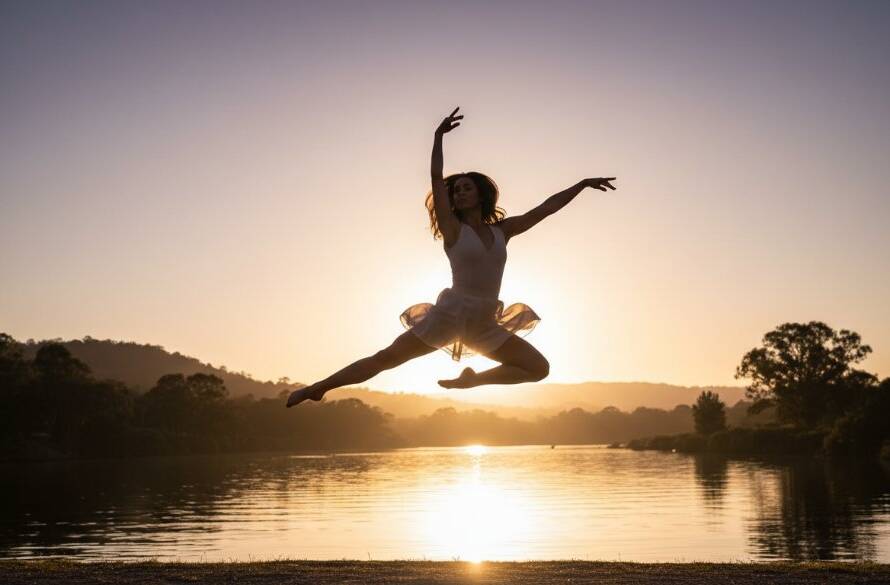 A professional photograph of a female dancer mid-leap, silhouetted against a dramatic sunset over the Yarra River in Templestowe, showcasing dynamic motion and power for Templestowe dance photography dramatic artistic portraits.