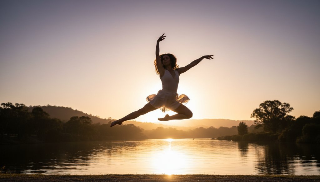 A professional photograph of a female dancer mid-leap, silhouetted against a dramatic sunset over the Yarra River in Templestowe, showcasing dynamic motion and power for Templestowe dance photography dramatic artistic portraits.