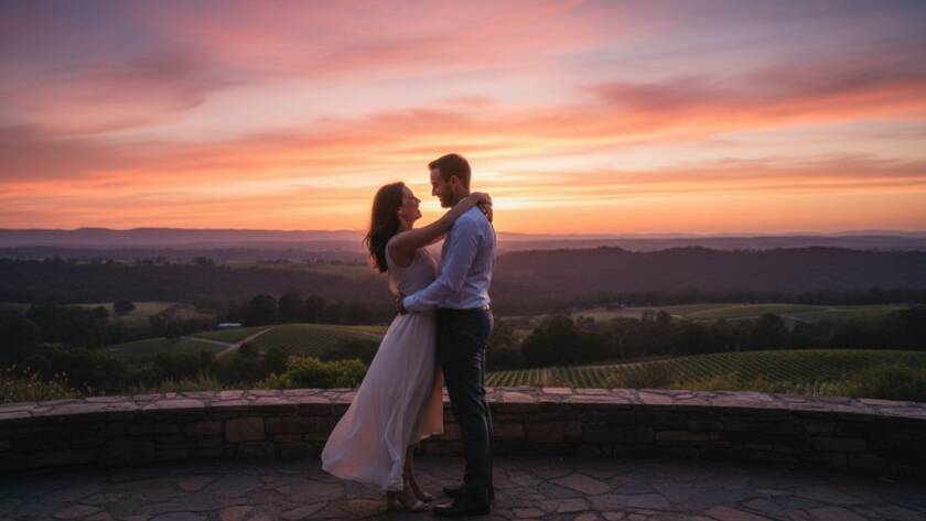 An epic moment capture of a loving couple embracing at sunset in Templestowe, overlooking the Yarra Valley, showcasing Templestowe engagement photography romantic Yarra Valley views with dramatic, warm lighting.