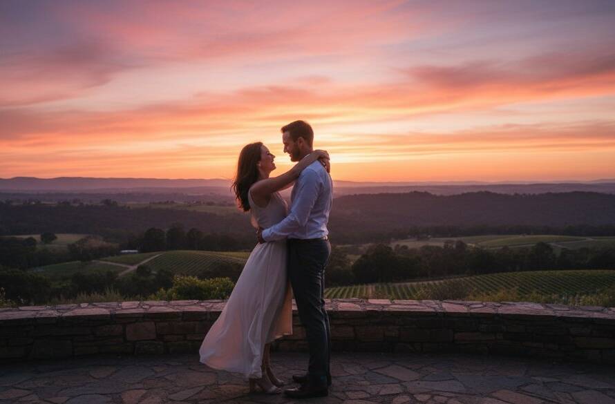 An epic moment capture of a loving couple embracing at sunset in Templestowe, overlooking the Yarra Valley, showcasing Templestowe engagement photography romantic Yarra Valley views with dramatic, warm lighting.