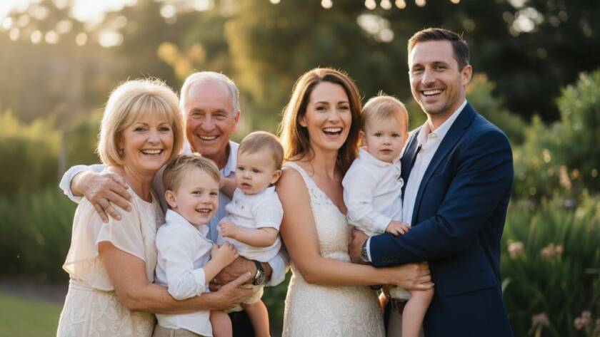 A candid, professional photograph of a multi-generational family laughing together during an outdoor anniversary celebration in Templestowe, perfectly illustrating Templestowe event photography capturing genuine joy.