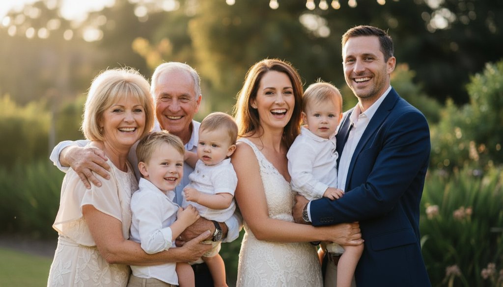 A candid, professional photograph of a multi-generational family laughing together during an outdoor anniversary celebration in Templestowe, perfectly illustrating Templestowe event photography capturing genuine joy.