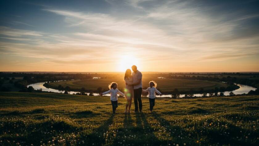 A beautifully composed fine art portrait of a family laughing joyfully amidst the golden hour glow of Westerfolds Park in Templestowe, Victoria. The scene captures an epic moment of connection, with soft, dramatic lighting highlighting their expressions and the lush, natural backdrop. This Templestowe fine art family photography piece conveys warmth and timeless emotion.