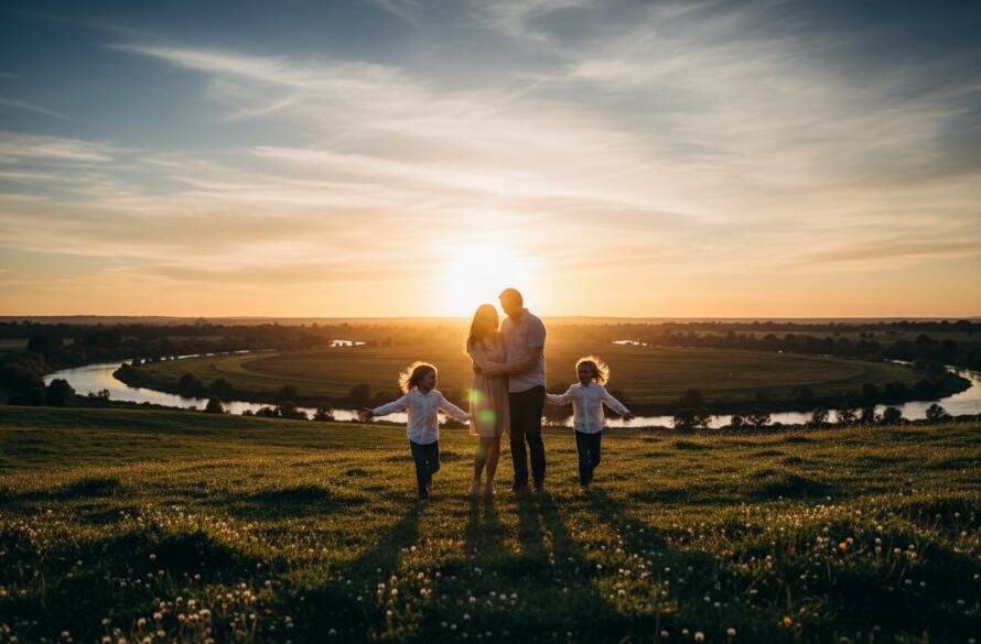 A beautifully composed fine art portrait of a family laughing joyfully amidst the golden hour glow of Westerfolds Park in Templestowe, Victoria. The scene captures an epic moment of connection, with soft, dramatic lighting highlighting their expressions and the lush, natural backdrop. This Templestowe fine art family photography piece conveys warmth and timeless emotion.