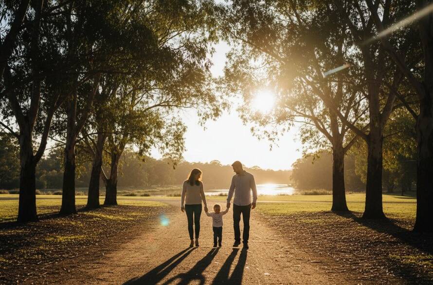 A stunning Templestowe fine art photography piece capturing a family silhouetted against a dramatic golden hour sky over Westerfolds Park, showcasing a cherished family heirloom moment with professional dramatic lighting and rich colour grading.