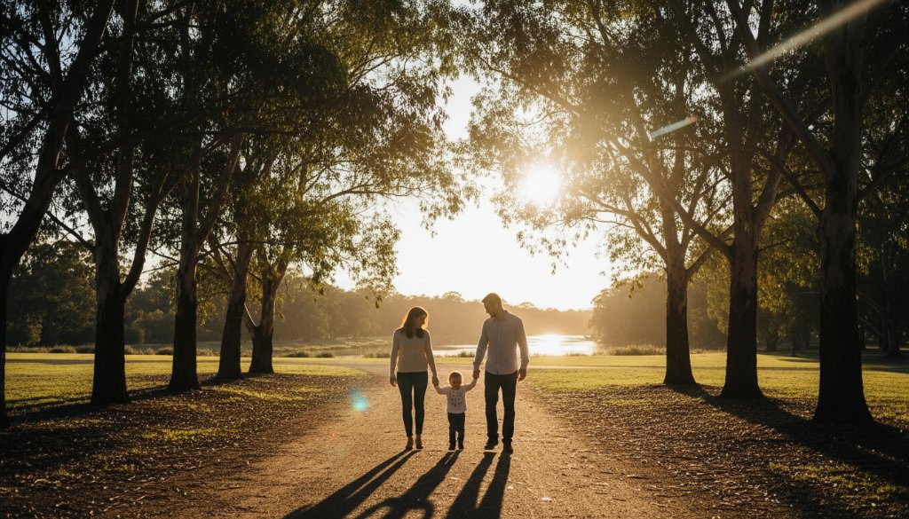A stunning Templestowe fine art photography piece capturing a family silhouetted against a dramatic golden hour sky over Westerfolds Park, showcasing a cherished family heirloom moment with professional dramatic lighting and rich colour grading.