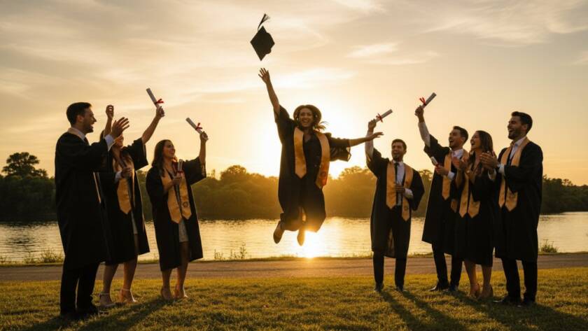 A jubilant graduate in Templestowe, cap mid-air against a vibrant sunset sky, celebrating their Templestowe graduation photography memorable moments with friends, captured with dramatic lighting and professional colour grading.