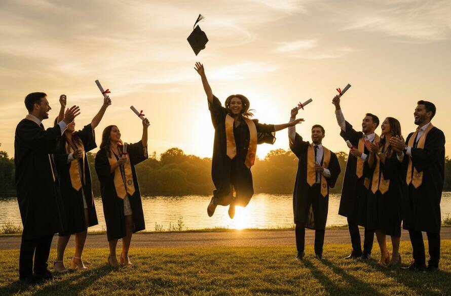 A jubilant graduate in Templestowe, cap mid-air against a vibrant sunset sky, celebrating their Templestowe graduation photography memorable moments with friends, captured with dramatic lighting and professional colour grading.