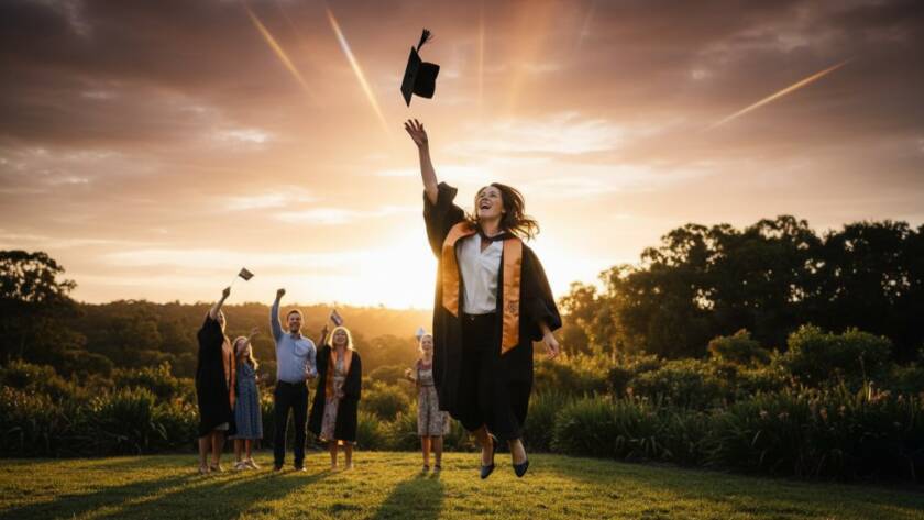 A vibrant Templestowe Graduation Photography Victoria image showing a beaming graduate in cap and gown, tossing their mortarboard against a sun-drenched Westerfolds Park backdrop, symbolising achievement and new beginnings, with dramatic backlighting.