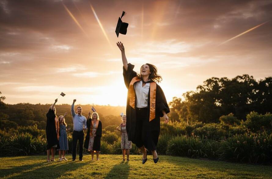A vibrant Templestowe Graduation Photography Victoria image showing a beaming graduate in cap and gown, tossing their mortarboard against a sun-drenched Westerfolds Park backdrop, symbolising achievement and new beginnings, with dramatic backlighting.