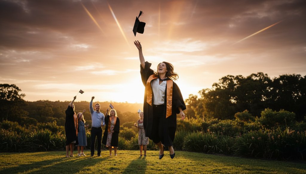 A vibrant Templestowe Graduation Photography Victoria image showing a beaming graduate in cap and gown, tossing their mortarboard against a sun-drenched Westerfolds Park backdrop, symbolising achievement and new beginnings, with dramatic backlighting.