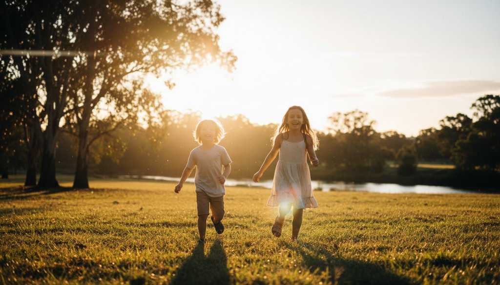 Epic moment photograph of a child laughing joyfully amidst sun-drenched trees in Westerfolds Park, Templestowe, showcasing professional Templestowe Kids Photography capturing genuine family moments with vibrant colours.