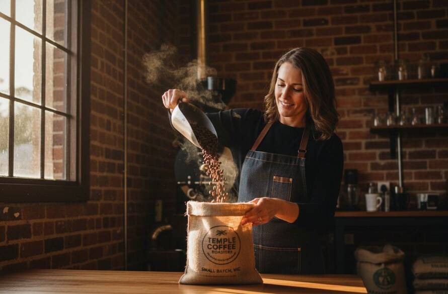 Dramatic wide shot of a Templestowe Lower advertising photography for local businesses campaign, featuring a small business owner proudly showcasing their locally-sourced artisanal product against the vibrant backdrop of Westerfolds Park at golden hour, with cinematic lighting highlighting the product details and the owner's confident expression.