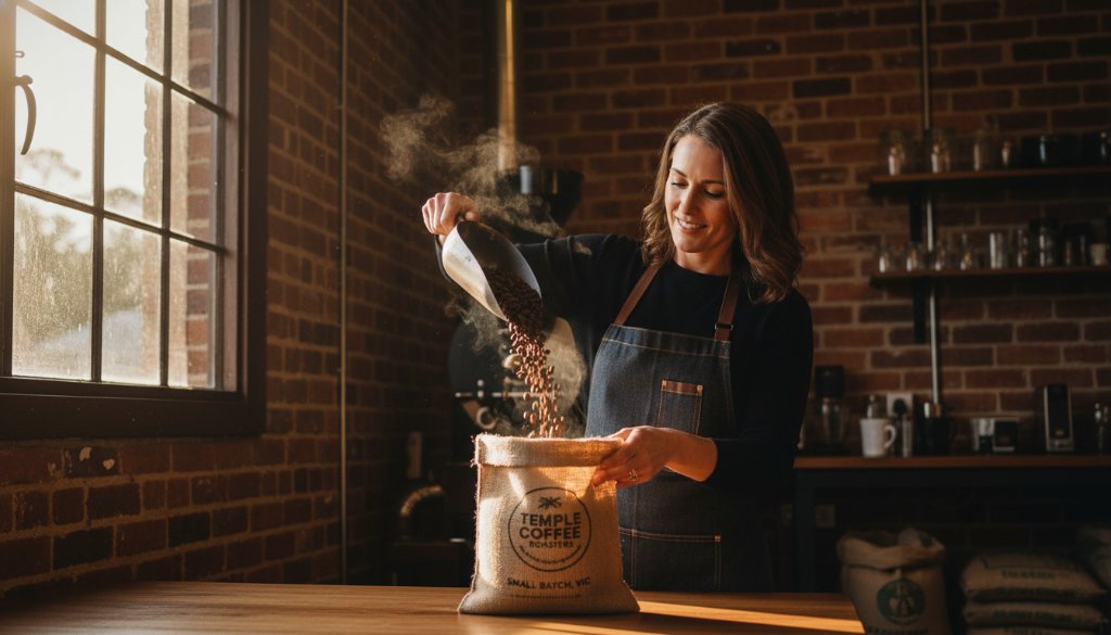 Dramatic wide shot of a Templestowe Lower advertising photography for local businesses campaign, featuring a small business owner proudly showcasing their locally-sourced artisanal product against the vibrant backdrop of Westerfolds Park at golden hour, with cinematic lighting highlighting the product details and the owner's confident expression.