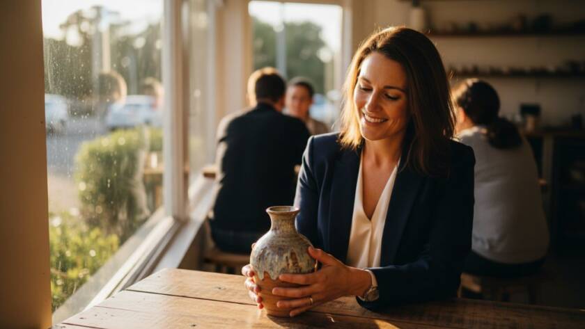 Epic moment shot of a local Templestowe Lower small business owner proudly showcasing their artisan product in a sun-drenched cafe, expertly captured by Templestowe Lower advertising photography services for local businesses, with dramatic lighting highlighting the product's exquisite details.