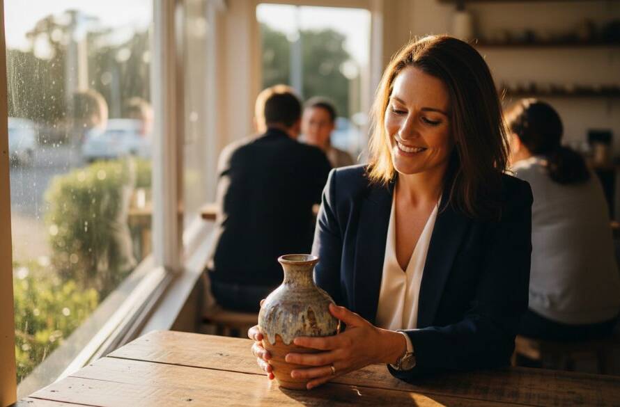 Epic moment shot of a local Templestowe Lower small business owner proudly showcasing their artisan product in a sun-drenched cafe, expertly captured by Templestowe Lower advertising photography services for local businesses, with dramatic lighting highlighting the product's exquisite details.