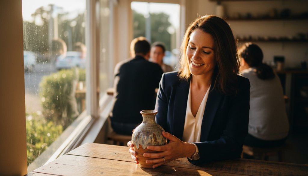 Epic moment shot of a local Templestowe Lower small business owner proudly showcasing their artisan product in a sun-drenched cafe, expertly captured by Templestowe Lower advertising photography services for local businesses, with dramatic lighting highlighting the product's exquisite details.