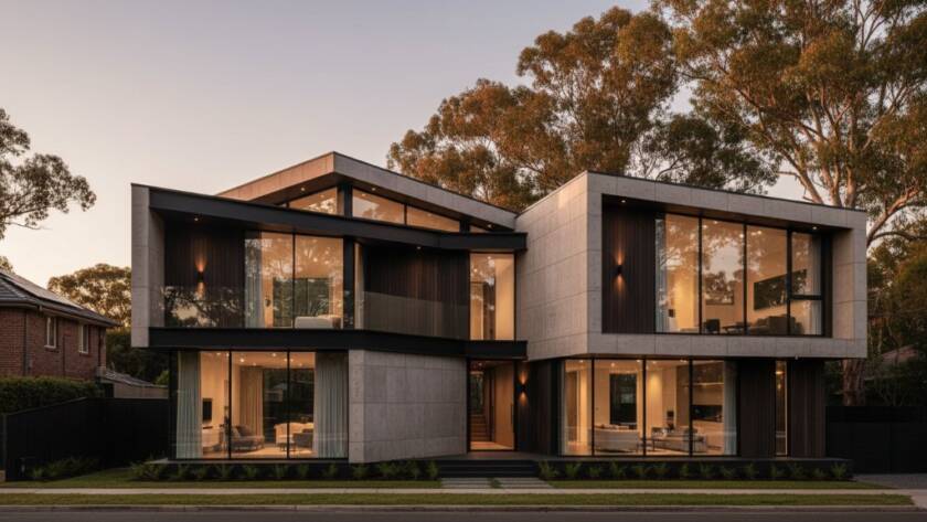 Dramatic wide-angle shot showcasing the Templestowe Lower architectural photography excellence of a modern luxury home at twilight, featuring glowing interior lights, large reflective windows, and a vibrant sunset sky, professionally colour-graded.
