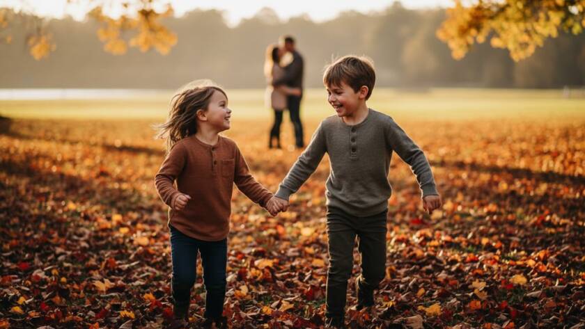 A heartwarming, professionally color-graded photograph capturing an "epic moment" of Templestowe Lower candid family photojournalism, where two young children laugh joyfully while playing in autumn leaves near the Yarra River, with their parents embracing softly in the background, bathed in golden hour light.