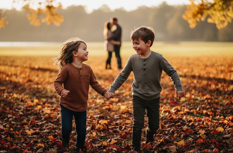A heartwarming, professionally color-graded photograph capturing an "epic moment" of Templestowe Lower candid family photojournalism, where two young children laugh joyfully while playing in autumn leaves near the Yarra River, with their parents embracing softly in the background, bathed in golden hour light.